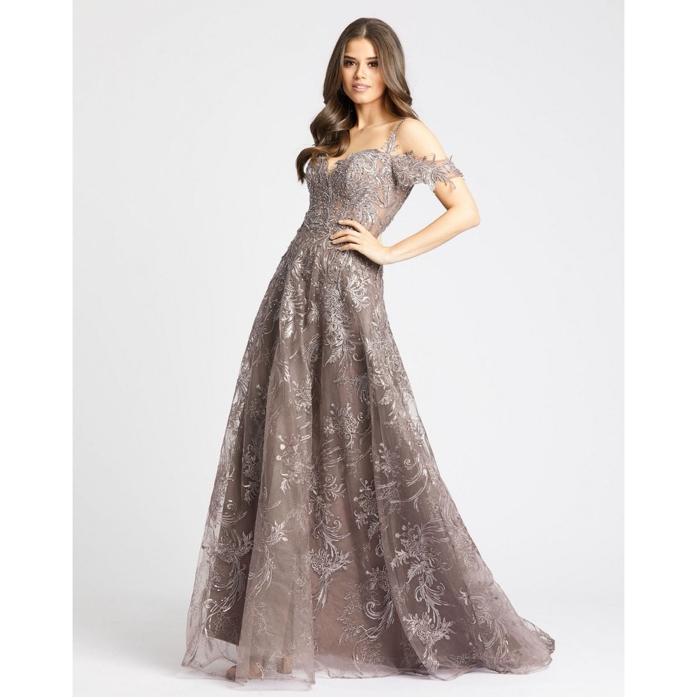 Mac Duggal Taupe Embroidered Off-Shoulder Prom Gown